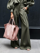 Fashionable Casual Solid Color Unique Pleated Pocket High Waist Wide Leg Pants
