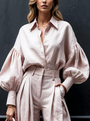 Fashionable Casual Solid Color Lantern Sleeve Loose Button-Down Oversized Shirt