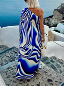 Unique Printed Cutout One-shoulder Holiday-style Loose Maxi Dress