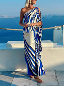 Unique Printed Cutout One-shoulder Holiday-style Loose Maxi Dress