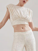 Elegant Sequined Sleeveless Pleated Cropped Tank Top