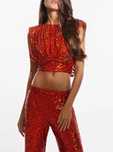 Elegant Sequined Sleeveless Pleated Cropped Tank Top