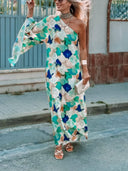 Asymmetric Neckline One-Sleeve Printed Chiffon Dress