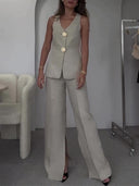 Slim-Fit Vest Slit Wide Leg Pants Suit