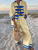 Unique Ocean Print Oversized Shirt and Elastic Waist Pocket Pants Set