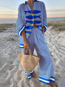 Unique Ocean Print Oversized Shirt and Elastic Waist Pocket Pants Set