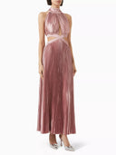 Elegant High-neck Halterneck Satin Pleated Maxi Dress