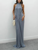 Elegant Multi-button Draped Fitted Maxi Dress