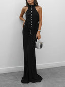 Elegant Multi-button Draped Fitted Maxi Dress
