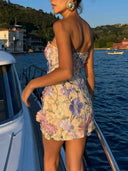 Exquisite Strapless Pastel Floral Embroidered Mini Dress