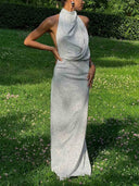 Elegant Halterneck Black Polka Dot White Maxi Dress