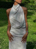 Elegant Halterneck Black Polka Dot White Maxi Dress