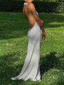 Elegant Halterneck Black Polka Dot White Maxi Dress