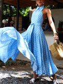 Elegant Polka Dot Print Open Back Puffy Maxi Dress