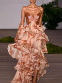 Tiered Sunset Butterfly Print Halter Back Maxi Dress