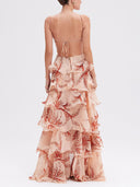 Tiered Sunset Butterfly Print Halter Back Maxi Dress