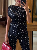Vintage Polka Dot Off-Shoulder Top And Wide Leg Pants Suit-Top