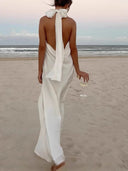 Retro Floral Crochet Satin Halter Backless Tie Maxi Dress