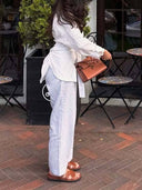 Minimalist Stand-up Collar Ribbon Back Lace-up Shirt and Wide Leg Pants Set-Shirt