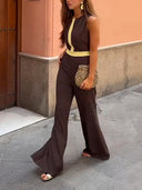 Retro Round Neck Classic Contrast Color Flared Jumpsuit