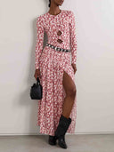 Exquisite Pleated Openwork Floral Print Stretch Knit T-shirt