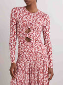 Exquisite Pleated Openwork Floral Print Stretch Knit T-shirt