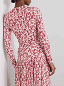Exquisite Pleated Openwork Floral Print Stretch Knit T-shirt