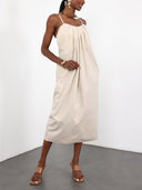 Elegant Beige Pleated Sweetheart Neck Maxi Dress