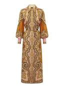 Exquisite Satin Unique Paisley Print Button Maxi Dress