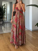 Retro Plant Print V-neck Suspender Maxi Dress