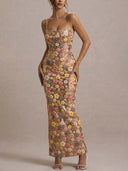 Retro Inspired Floral Print Sequin Square Neck Slip Stretch Maxi Dress