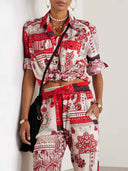 Casual Ethnic Floral Print Irregular Hem Shirt
