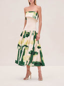 Elegant Printed Strapless Ribbed Bodycon Midi Dress