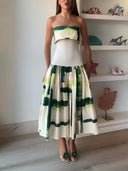 Elegant Printed Strapless Ribbed Bodycon Midi Dress
