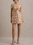 Retro 80's Inspired Floral Print Sequin Short Sleeve Stretch Mini Dress
