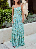 Elegant Floral Print Drop Waist Tiered Maxi Dress