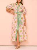 Unique Linen Graffiti Print Lantern Sleeve Maxi Dress
