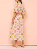 Unique Linen Graffiti Print Lantern Sleeve Maxi Dress