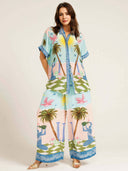 Casual Palm Tree Print Elastic Waist Pocket Wide-Leg Pants