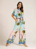 Casual Palm Tree Print Elastic Waist Pocket Wide-Leg Pants