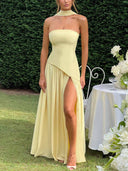 Elegant Wrap-Pleated High Slit Maxi Dress