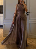 Elegant Draped Sash Satin Evening Gown Maxi Dress