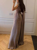 Elegant Draped Sash Satin Evening Gown Maxi Dress