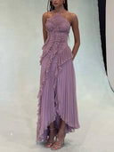 Halter Neck Pleated Backless Dress