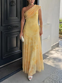 Tie-Dye Mesh Print One-Shoulder Sleeve Maxi Dress