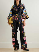 Exquisite Satin Floral Print Contrast Piping Wide-Leg Pants