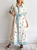 Fresh Ocean Lobster Print Lace-up Midi Shirt Dress