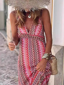 Bohemian Print V-Neck Spaghetti Strap Slit Maxi Dress
