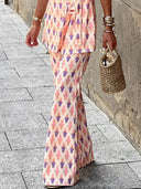 Fresh Colors Print Puff Sleeve Belted Lapel Blazer Tops