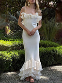 Elegant Pleated Chiffon Ruffle Trim Spaghetti Strap Maxi Dress